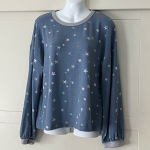 SPLENDID Loungewear Blue Stars Balloon Sleeve Super Soft Shirt Medium NWT